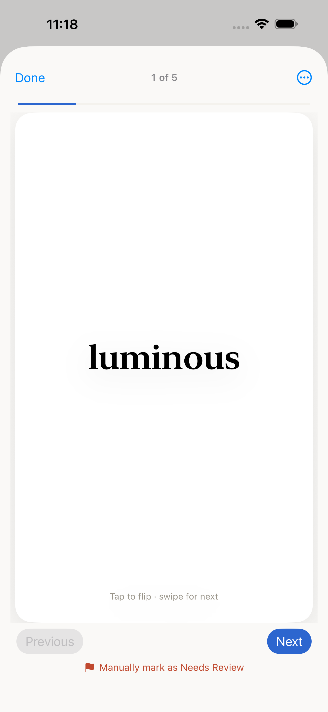 Build 12: flashcard review, front of card showing the word luminous