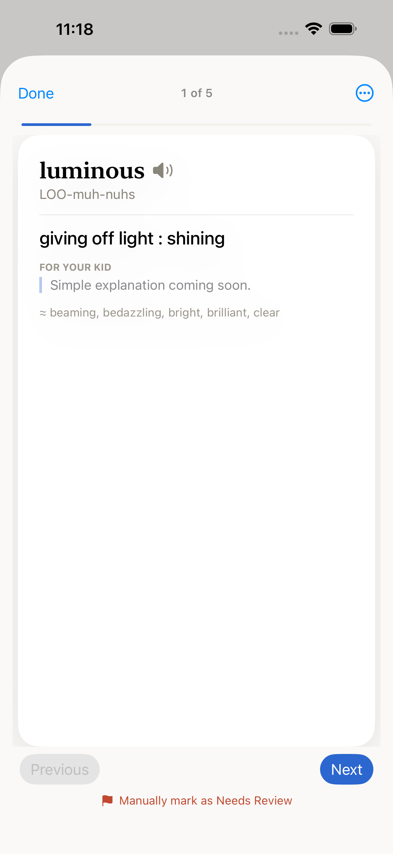 Build 12: flashcard back with definition, kid-friendly explanation placeholder, and synonyms