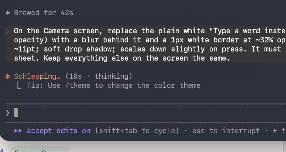 A Claude Code session showing a precise design instruction for the Camera screen
