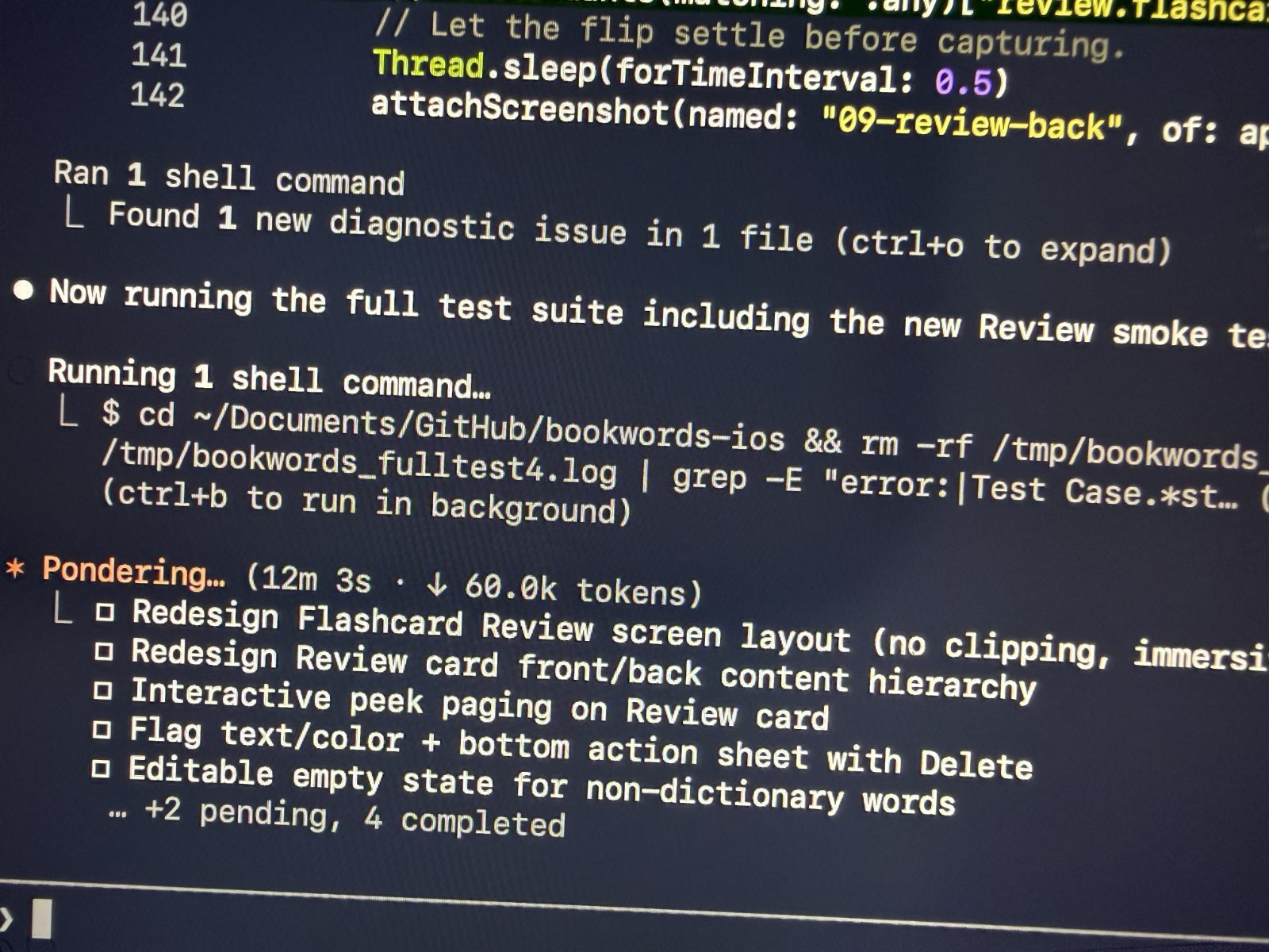 A terminal session running the BookWords iOS test suite with a task checklist