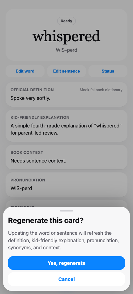 Wireframe: edit / regenerate sheet